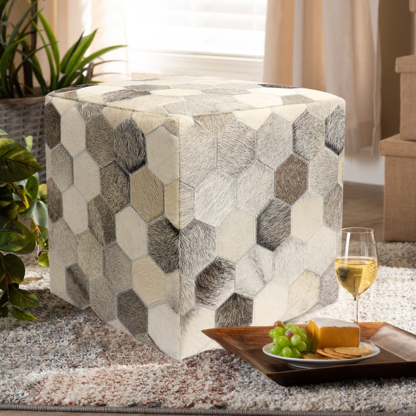 Galaxy Cowhide Pouf Ottoman Silver/Gray
