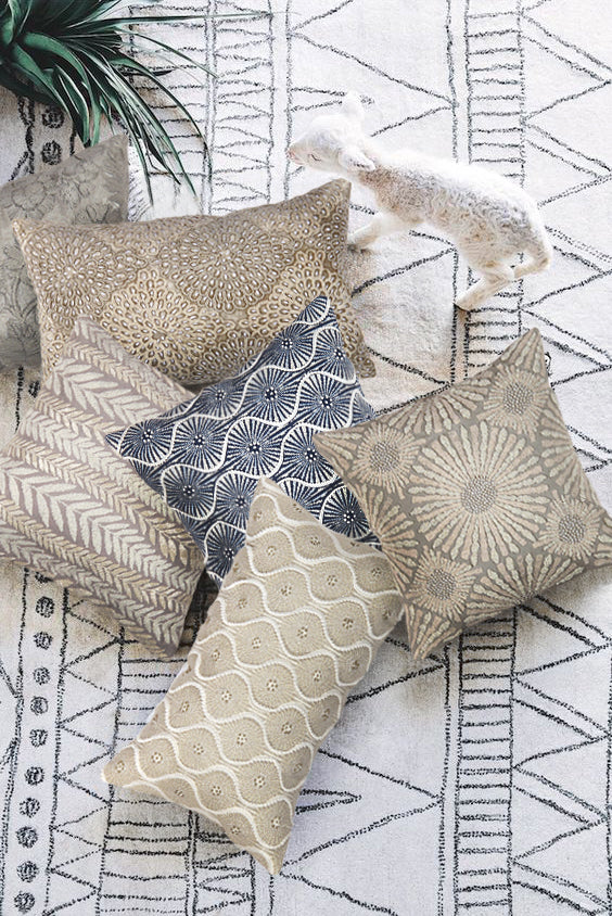 Naples Cotton & Bsilk Embroidered Pillow Beige/Taupe