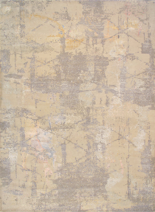 Beige/Grey Hand-Knotted Silk & Wool Area Rug