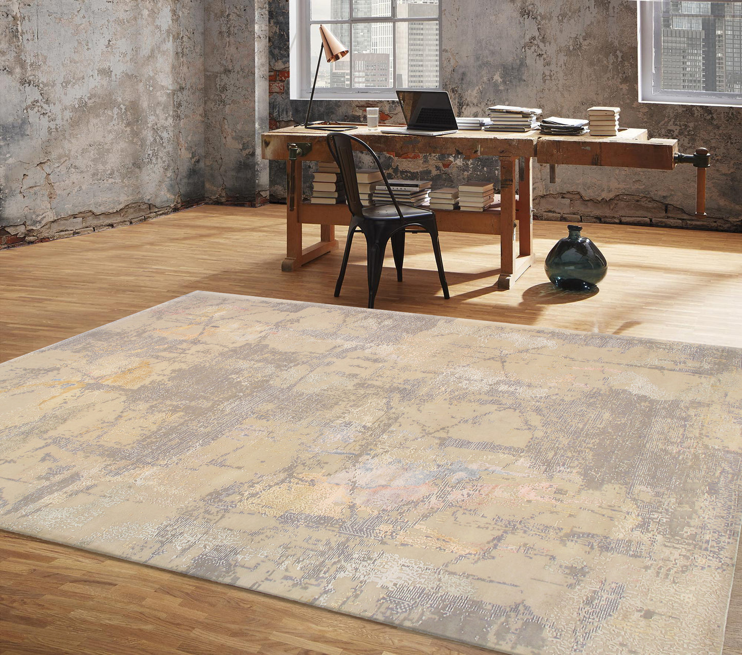 Beige/Grey Hand-Knotted Silk & Wool Area Rug