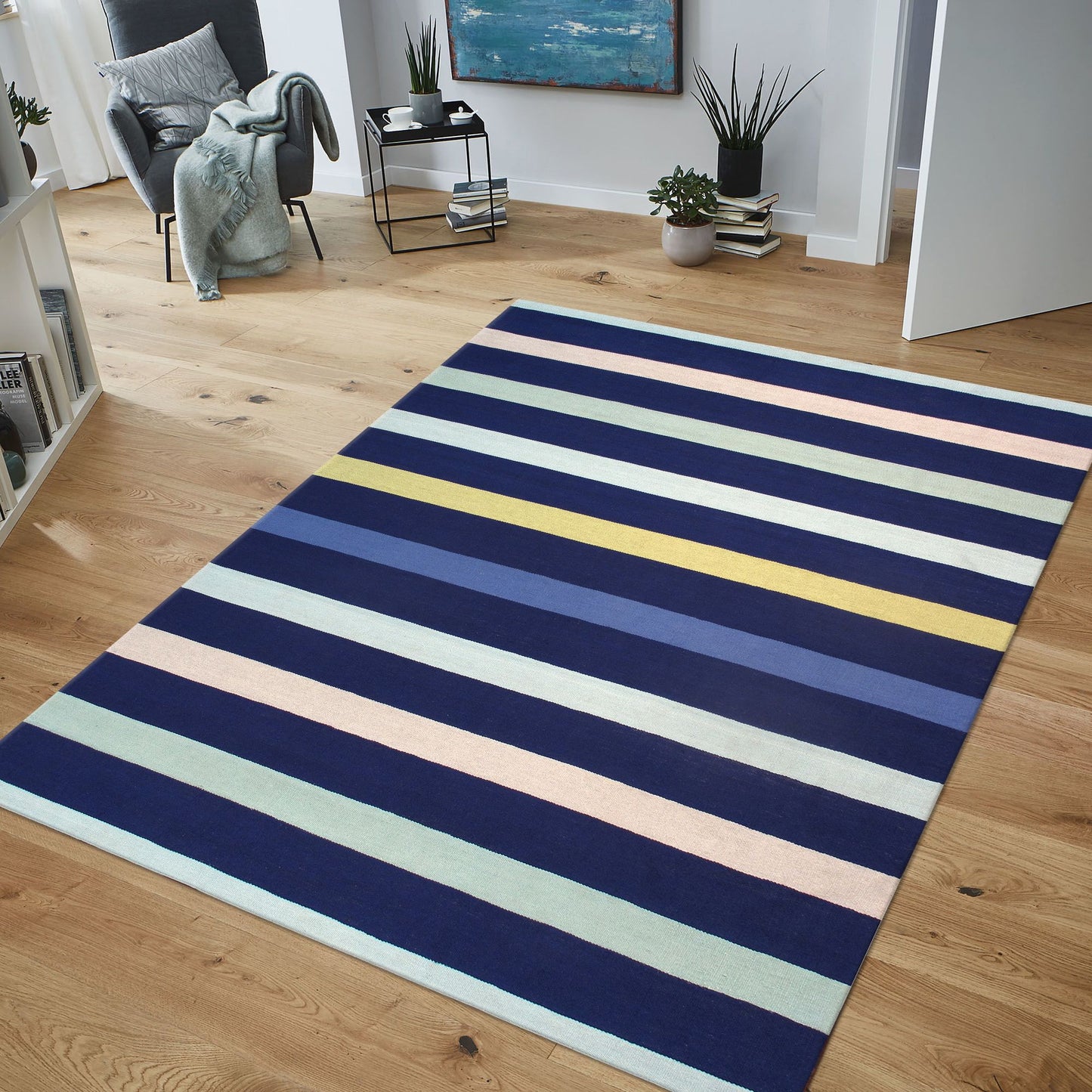 Stripped Colorful Blue Handwoven Indoor/Outdoor Area Rug